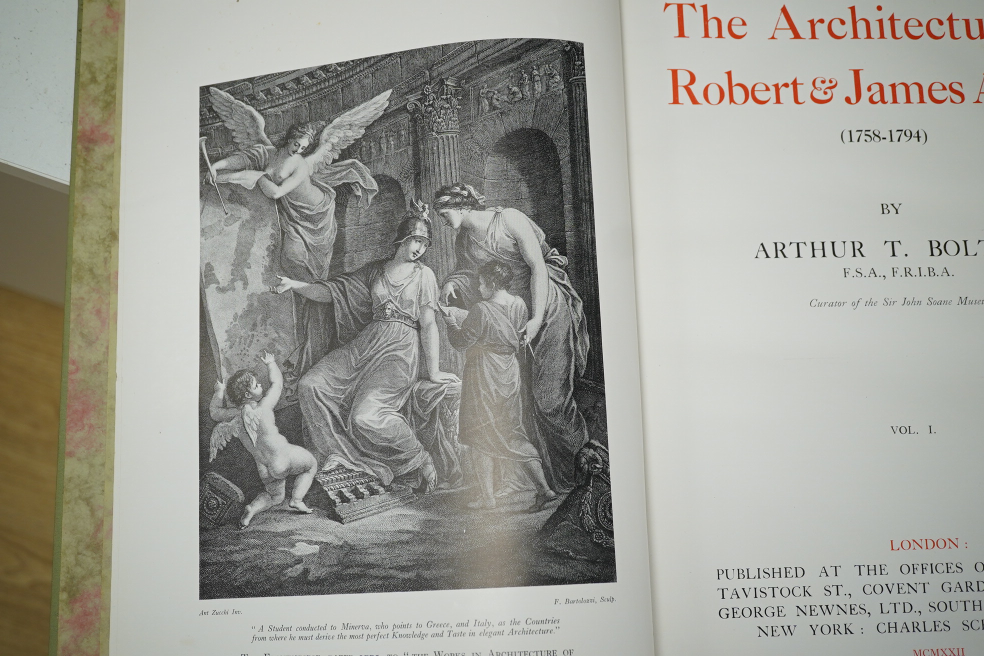 Bolton, Arthur T. - The Architecture of Robert & James Adam (1758-1794). 1st Edition, 2 vols. many illus. and plans throughout (some full page); original gilt cloth with gilt tops, folio. Country Life, 1922